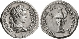 Caracalla, 198-217. Denarius (Silver, 19 mm, 3.22 g, 1 h), Rome, 201-206. ANTONINVS PIVS AVG Laureate and draped bust of Caracalla to right, seen from...