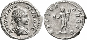 Caracalla, 198-217. Denarius (Silver, 19 mm, 3.42 g, 7 h), Rome, 201-206. ANTONINVS PIVS AVG Laureate and draped bust of Caracalla to right, seen from...