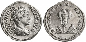 Caracalla, 198-217. Denarius (Silver, 19 mm, 3.15 g, 12 h), Rome, 202. ANTONINVS PIVS AVG Laureate and draped bust of Caracalla to right, seen from be...