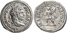 Caracalla, 198-217. Denarius (Silver, 20 mm, 3.23 g, 7 h), Rome, 210-213. ANTONINVS PIVS AVG BRIT Laureate head of Caracalla to right. Rev. MARTI PROP...