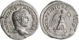 Caracalla, 198-217. Denarius (Silver, 19 mm, 3.38 g, 1 h), Rome, 211. ANTONINVS PIVS AVG BRIT Laureate head of Caracalla to right. Rev. P M TR P XIIII...