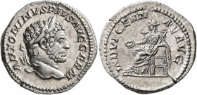 Caracalla, 198-217. Denarius (Silver, 19 mm, 3.00 g, 7 h), Rome, 213-217. ANTONINVS PIVS AVG GERM Laureate head of Caracalla to right. Rev. INDVLGENTI...
