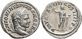 Caracalla, 198-217. Denarius (Silver, 19 mm, 3.16 g, 7 h), Rome, 216. ANTONINVS PIVS AVG GERM Laureate head of Caracalla to right. Rev. P M TR P XVIII...