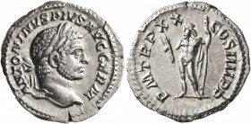 Caracalla, 198-217. Denarius (Silver, 19 mm, 3.09 g, 7 h), Rome, 217. ANTONINVS PIVS AVG GERM Laureate head of Caracalla to right. Rev. P M TR P XX CO...