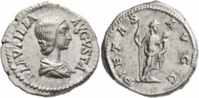 Plautilla, Augusta, 202-205. Denarius (Silver, 19 mm, 3.73 g, 12 h), Rome. PLAVTILLA AVGVSTA Draped bust of Plautilla to right. Rev. PIETAS AVGG Pieta...