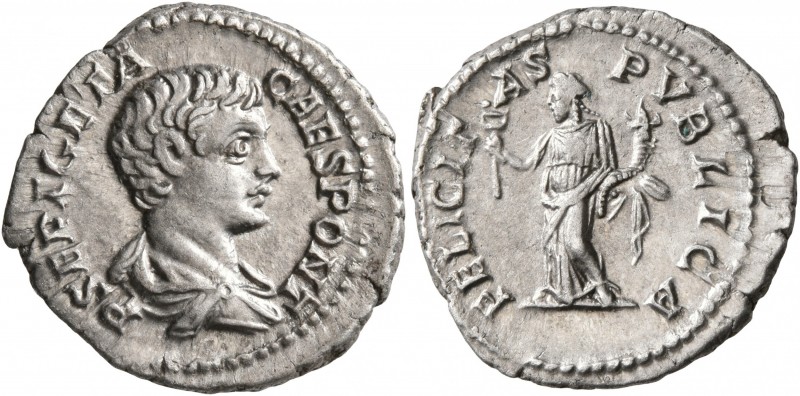Geta, as Caesar, 198-209. Denarius (Silver, 20 mm, 3.53 g, 5 h), Rome, 198-200. ...