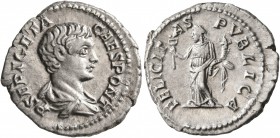 Geta, as Caesar, 198-209. Denarius (Silver, 20 mm, 3.53 g, 5 h), Rome, 198-200. P SEPT GETA CAES PONT Bare-headed and draped bust of Geta to right, se...