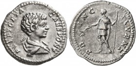 Geta, as Caesar, 198-209. Denarius (Silver, 19 mm, 3.35 g, 7 h), Rome, 200-202. P SEPT GETA CAES PONT Bare-headed and draped bust of Geta to right, se...