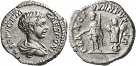 Geta, as Caesar, 198-209. Denarius (Silver, 19 mm, 3.32 g, 12 h), Rome, 200-202. P SEPT GETA CAES PONT Bare-headed and draped bust of Geta to right, s...