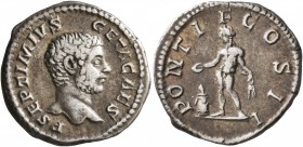 Geta, as Caesar, 198-209. Denarius (Silver, 19 mm, 2.96 g, 7 h), Rome, early 209. P SEPTIMIVS GETA CAES Bare head of Geta to right. Rev. PONTIF COS II...