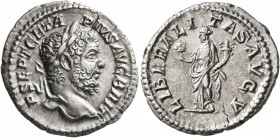 Geta, 209-211. Denarius (Silver, 20 mm, 2.74 g, 6 h), Rome, 210-211. P SEPT GETA PIVS AVG BRIT Laureate head of Geta to right. Rev. LIBERALITAS AVG V ...