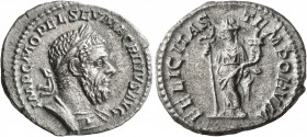 Macrinus, 217-218. Denarius (Silver, 20 mm, 2.80 g, 6 h), Rome, summer 217-early 218. IMP C M OPEL SEV MACRINVS AVG Laureate and cuirassed bust of Mac...