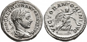 Elagabalus, 218-222. Denarius (Silver, 19 mm, 3.78 g, 6 h), Rome, 218-219. IMP CAES M AVR ANTONINVS AVG Laureate, draped and bust of Elagabalus to rig...
