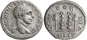 Elagabalus, 218-222. Denarius (Silver, 18 mm, 3.15 g, 7 h), Antiochia, 218-219. ANTONINVS PIVS FEL AVG Laureate head of Elagabalus. Rev. CONCORDIA / M...