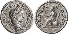 Elagabalus, 218-222. Denarius (Silver, 19 mm, 3.11 g, 12 h), Rome, 219. IMP ANTONINVS AVG Laureate and draped bust of Elagabalus to right, seen from b...