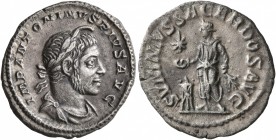 Elagabalus, 218-222. Denarius (Silver, 20 mm, 1.85 g, 1 h), Rome, 220-222. IMP ANTONINVS PIVS AVG Laureate and draped bust of Elagabalus to right, wea...