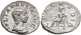 Julia Paula, Augusta, 219-220. Denarius (Silver, 19 mm, 3.36 g, 12 h), Rome. IVLIA PAVLA AVG Draped bust of Julia Paula to right. Rev. CONCORDIA Conco...