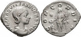 Aquilia Severa, Augusta, 220-221 & 221-222. Denarius (Silver, 18 mm, 2.67 g, 12 h), Rome. IVLIA AQVILIA SEVERA AVG Draped bust of Aquilia Severa to ri...