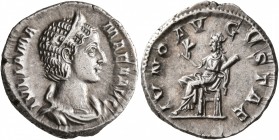 Julia Mamaea, Augusta, 222-235. Denarius (Silver, 19 mm, 3.52 g, 7 h), Rome, 231. IVLIA MAMAEA AVG Diademed and draped bust of Julia Mamaea to right. ...