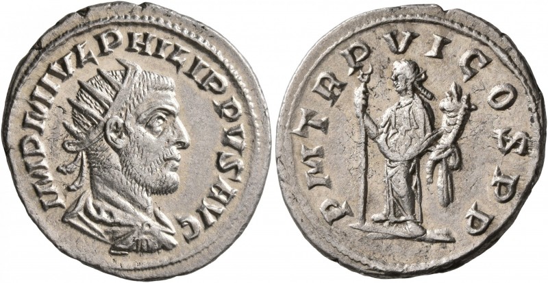 Philip I, 244-249. Antoninianus (Silver, 22 mm, 3.87 g, 11 h), Antiochia, 249. I...