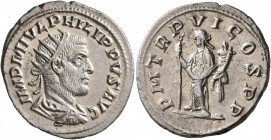 Philip I, 244-249. Antoninianus (Silver, 22 mm, 3.87 g, 11 h), Antiochia, 249. IMP M IVL PHILIPPVS AVG Radiate, draped and cuirassed bust of Philip I ...
