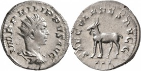 Philip II, 247-249. Antoninianus (Silver, 21 mm, 3.70 g, 1 h), Rome, 248. IMP PHILIPPVS AVG Radiate, draped and cuirassed bust of Philip II to right, ...