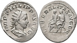 Philip II, 247-249. Antoninianus (Silver, 23 mm, 3.95 g, 1 h), Rome, 249. IMP PHILIPPVS AVG Radiate, draped and cuirassed bust of Philip II to right, ...