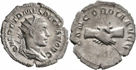 Herennius Etruscus, as Caesar, 249-251. Antoninianus (Silver, 23 mm, 2.76 g, 2 h), Rome, circa 250-251. Q HER ETR MES DECIVS NOB C Radiate and draped ...