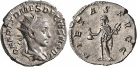 Herennius Etruscus, as Caesar, 249-251. Antoninianus (Silver, 21 mm, 3.75 g, 1 h), Rome, circa 250-251. Q HER ETR MES DECIVS NOB C Radiate and draped ...