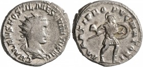 Hostilian, as Caesar, 250-251. Antoninianus (Silver, 22 mm, 4.12 g, 1 h), Rome. C VALENS HOSTIL MES QVINTVS N C Radiate and draped bust of Hostilian t...