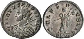 Probus, 276-282. Antoninianus (Silvered bronze, 21 mm, 3.75 g, 12 h), Ticinum, 279. VIRTVS PROBI AVG Radiate and cuirassed bust of Probus to left, hol...