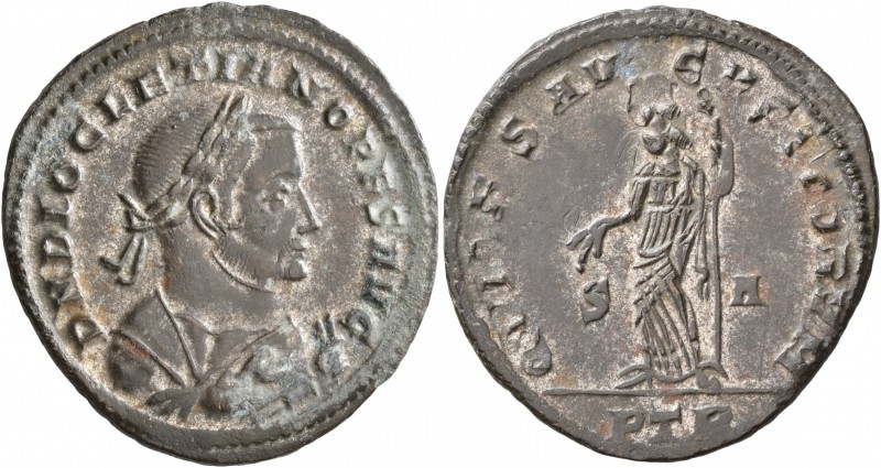 Diocletian, 284-305. Follis (Silvered bronze, 28 mm, 6.61 g, 1 h), Treveri, spri...