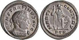 Constantine I, 307/310-337. Half Follis (Silvered bronze, 19 mm, 1.90 g, 6 h), Treveri, 310-311. CONSTANTINVS AVG Laureate and cuirassed bust of Const...