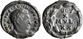 Constantine I, 307/310-337. 1/4 Follis (Bronze, 13 mm, 0.89 g, 6 h), Treveri, 310-311. IMP CONSTANTINVS P F AVG Laureate and cuirassed bust of Constan...