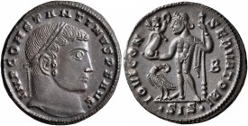 Constantine I, 307/310-337. Follis (Bronze, 22 mm, 3.42 g, 12 h), Siscia, 315-316. IMP CONSTANTINVS P F AVG Laureate head of Constantine I to right. R...