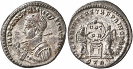 Constantine I, 307/310-337. Follis (Silvered bronze, 18 mm, 2.62 g, 12 h), Treveri, 318-319. IMP CONSTAN-TINVS AVG Helmeted and cuirassed bust of Cons...