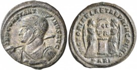 Constantine I, 307/310-337. Follis (Silvered bronze, 19 mm, 3.13 g, 12 h), Arelate, 319. IMP CONSTAN-TINVS AVG Helmeted and cuirassed bust of Constant...