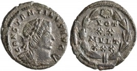 Constantine I, 307/310-337. 1/4 Follis (Bronze, 15 mm, 1.34 g, 7 h), Treveri, 320. CONSTANTINVS AVG Laureate and cuirassed bust of Constantine I to ri...