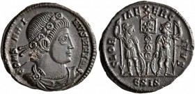 Constantine I, 307/310-337. Follis (Bronze, 17 mm, 1.53 g, 1 h), Siscia, 335-337. CONSTANTI-NVS MAX AVG Rosette-diademed, draped and cuirassed bust of...