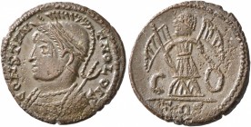 Commemorative Series, 330-354. Follis (Bronze, 17 mm, 2.08 g, 1 h), a contemporary imitation of an issue from Treveri, after 330. CONSTAN-TNOLOIS Helm...