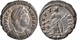 Helena, Augusta, 324-328/30. Follis (Silvered bronze, 16 mm, 2.61 g, 12 h), Treveri, September 337-spring 340. FL IVL HE-LENAE AVG Diademed and draped...