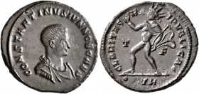 Constantine II, as Caesar, 316-326. Follis (Bronze, 21 mm, 3.53 g, 6 h), Treveri, 317. CONSTANTINVS IVN NOB CAES Bare-headed, draped and cuirassed bus...