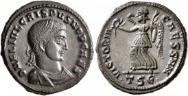 Crispus, Caesar, 316-326. Follis (Bronze, 19 mm, 3.06 g, 7 h), Thessalonica, 319. D N FL IVL CRISPVS NOB CAES Laureate, draped and cuirassed bust of C...