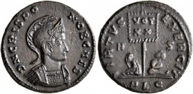 Crispus, Caesar, 316-326. Follis (Bronze, 18 mm, 2.71 g, 7 h), Lugdunum, 320. D N CRISPO NOB CAES Helmeted and cuirassed bust of Crispus to right. Rev...