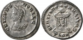 Crispus, Caesar, 316-326. Follis (Silvered bronze, 20 mm, 3.33 g, 5 h), Londinium, 321. CRISPUS NOBIL C Helmeted and cuirassed bust of Crispus to left...