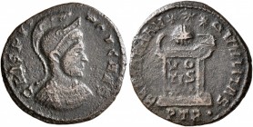 Crispus, Caesar, 316-326. Follis (Bronze, 18 mm, 2.55 g, 10 h), a contemporary imitation of an issue from Treveri, after 322. CRISPVS NOB CAES Helmete...