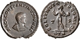Constantine II, as Caesar, 316-337. Follis (Bronze, 20 mm, 3.66 g, 6 h), Treveri, 316. FL CL CONSTANTINVS IVN N C Bare-headed, draped and cuirassed bu...