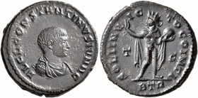 Constantine II, as Caesar, 316-337. Follis (Bronze, 20 mm, 3.60 g, 7 h), Treveri, 317. FL CL CONSTANTINVS IVN N C Bare-headed, draped and cuirassed bu...