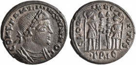 Constantine II, 337-340. Follis (Silvered bronze, 15 mm, 1.86 g, 7 h), a contemporary imitation of an issue from Treveri, after 330. CONSTANTIIIIVIJIV...