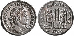 Constantine II, as Caesar, 316-337. Follis (Bronze, 17 mm, 2.77 g, 12 h), Lugdunum, 333-334. CONSTANTINVS IVN NOB C Laureate and cuirassed bust of Con...
